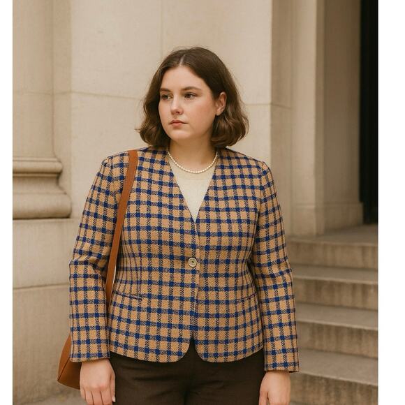 Carlisle Vintage Silk Blazer 12 Tan Blue Plaid British Crown Colony Hong Kong - Picture 1 of 7